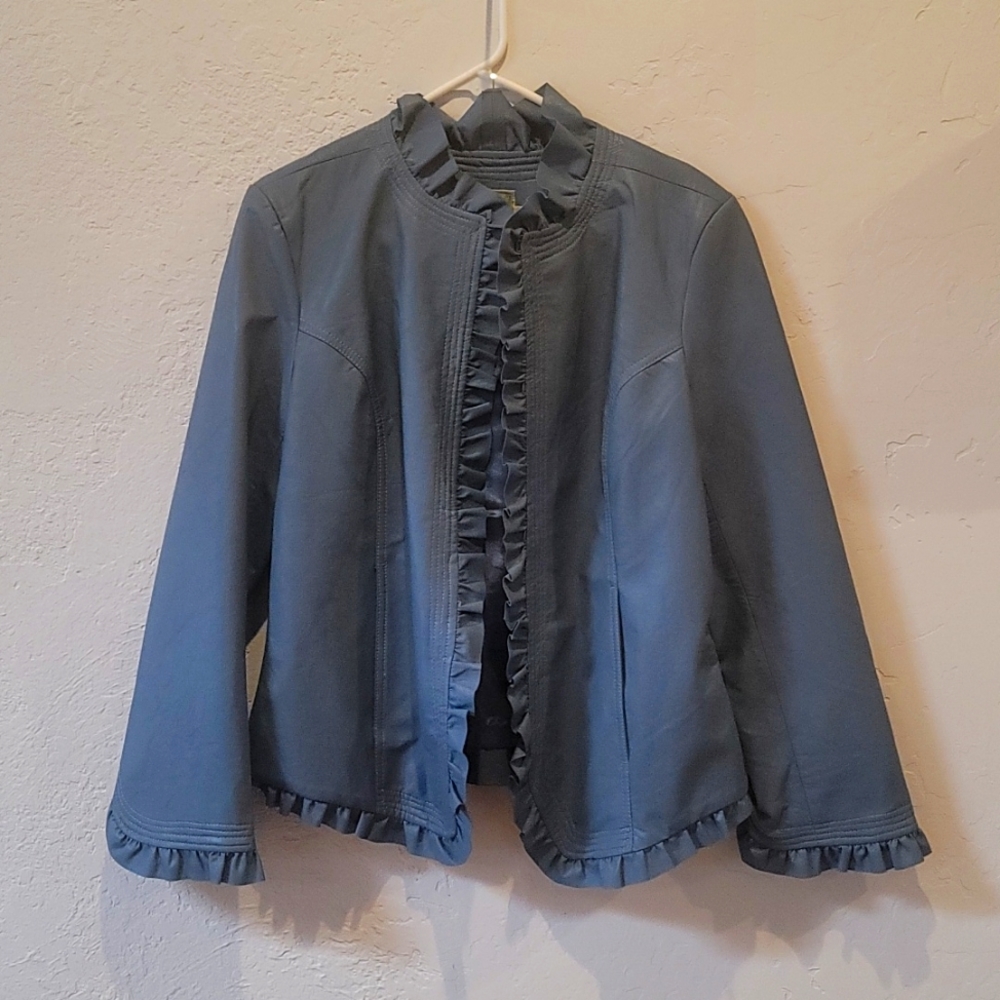 Blue Faux Leather Ruffled Jacket